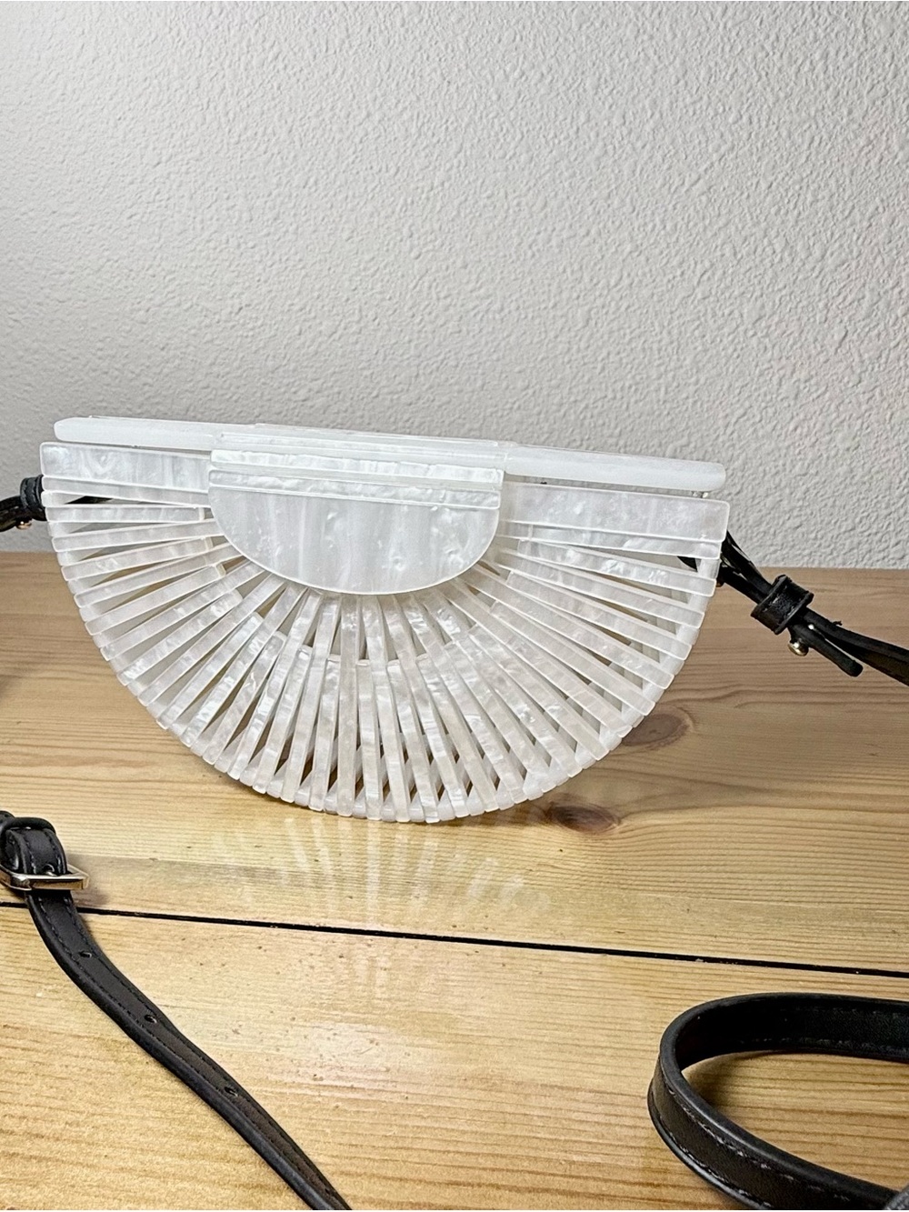Cult Gaia Ark Style White Pearl Acrylic Purse Black Strap Gold Hardware